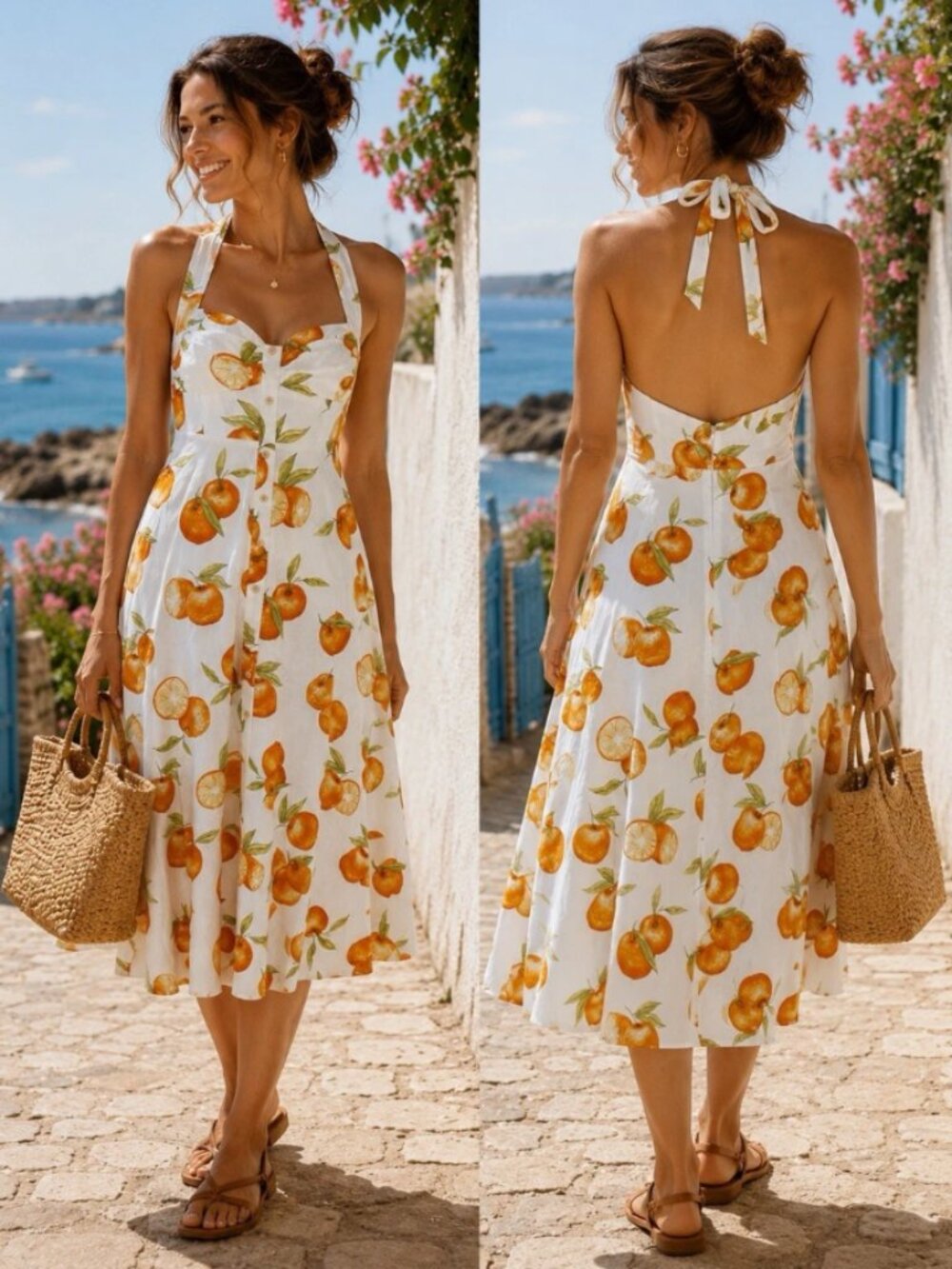 ZARA Orange Print Halter Midi Dress Mediterranean Euro Summer Fruit Resort Chic